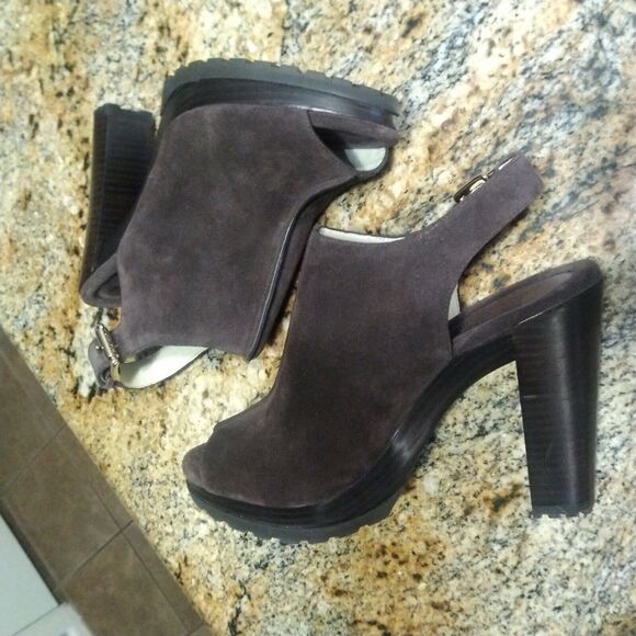 Michael Kors Chunky High Heels Brown Suede Leather Buckle Back Mules Womens 8 - Picture 7 of 12